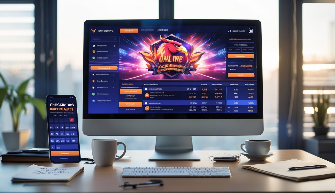 Meja kerja dengan komputer menampilkan jadwal pertandingan sabung ayam terbaru dan perangkat teknologi untuk taruhan online.