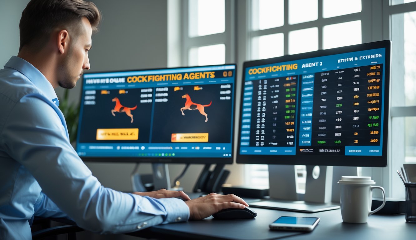 Seorang pria menggunakan komputer dengan beberapa monitor yang menampilkan jadwal pertandingan sabung ayam online di sebuah ruang kerja yang rapi.