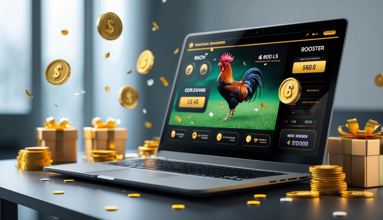 Seorang pria menggunakan laptop di meja kerja dengan tampilan antarmuka taruhan online ayam aduan dan simbol bonus di sekitar meja.