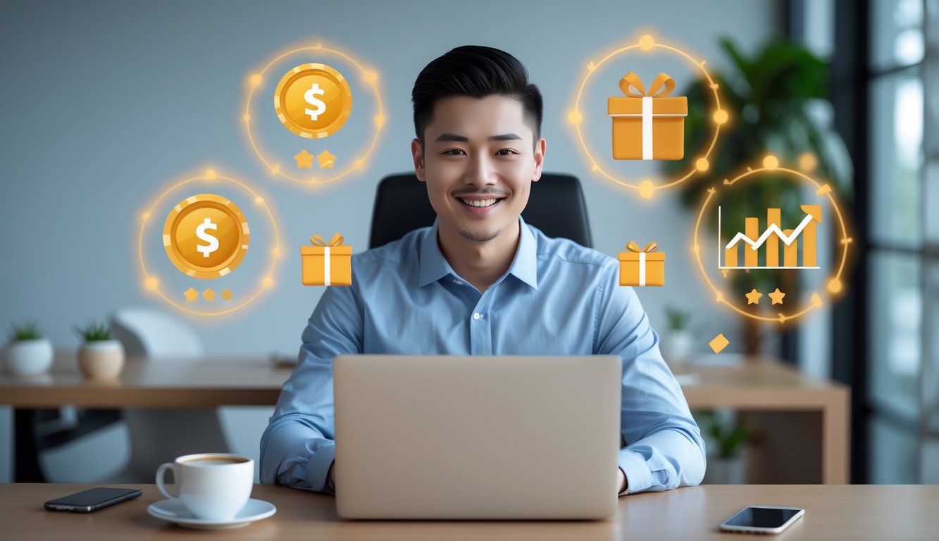 Seorang agen online yang percaya diri bekerja dengan laptop di kantor modern, dikelilingi ikon digital yang mewakili bonus dan hadiah anggota baru.
