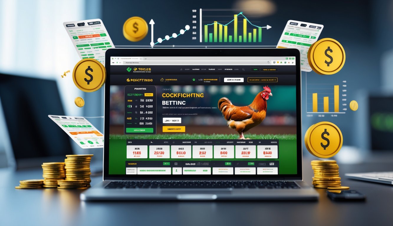 Seseorang menggunakan laptop di meja kerja dengan tampilan situs taruhan sabung ayam online dan grafik peluang taruhan.