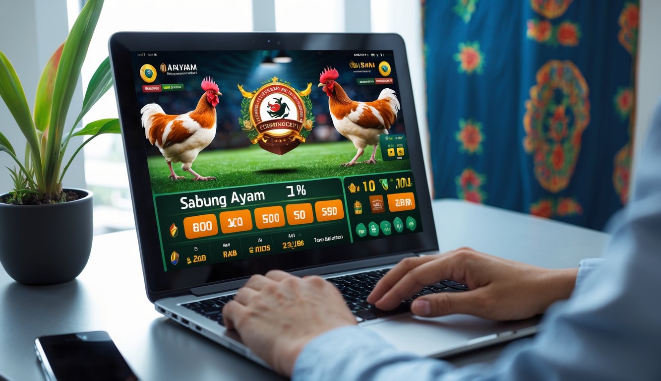 Seseorang menggunakan laptop atau ponsel untuk memasang taruhan sabung ayam online dengan tampilan odds tinggi di layar.