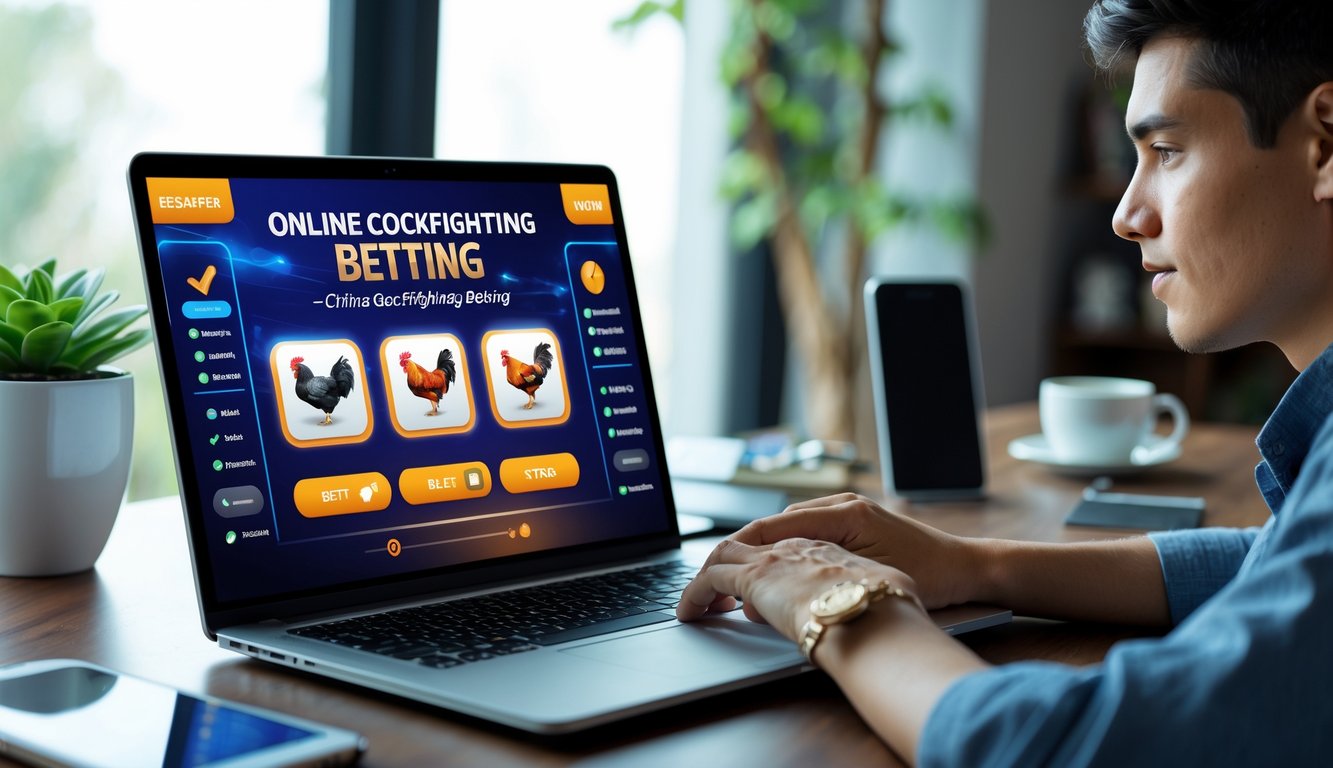 Seorang dewasa muda sedang menggunakan laptop di meja kerja dengan tampilan platform taruhan sabung ayam online yang mudah digunakan.