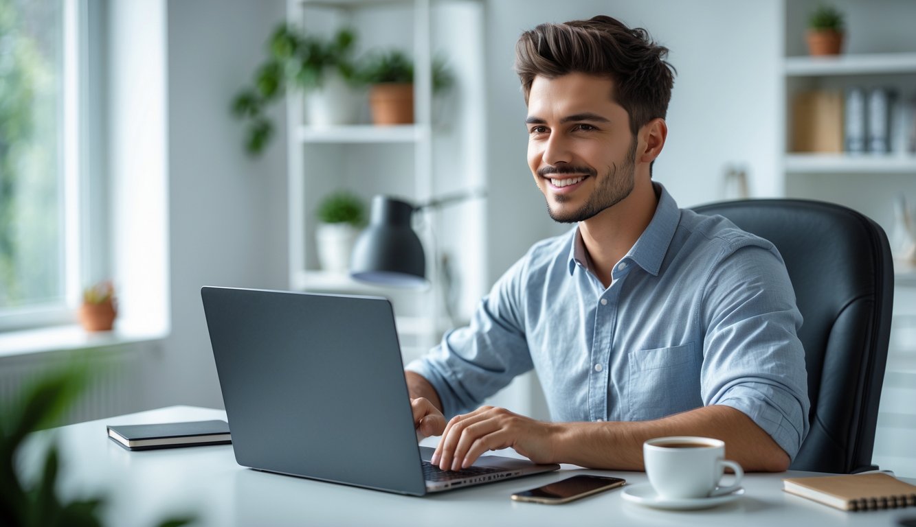 Seorang pria muda duduk di meja dengan laptop terbuka, terlihat fokus dan optimis dalam aktivitas online, di ruang kerja rumah yang terang dan rapi.