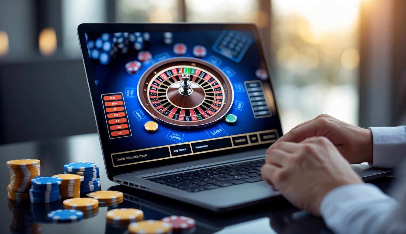 Seorang pengguna sedang bermain roulette online di laptop dengan tampilan roda roulette digital dan chip di layar.