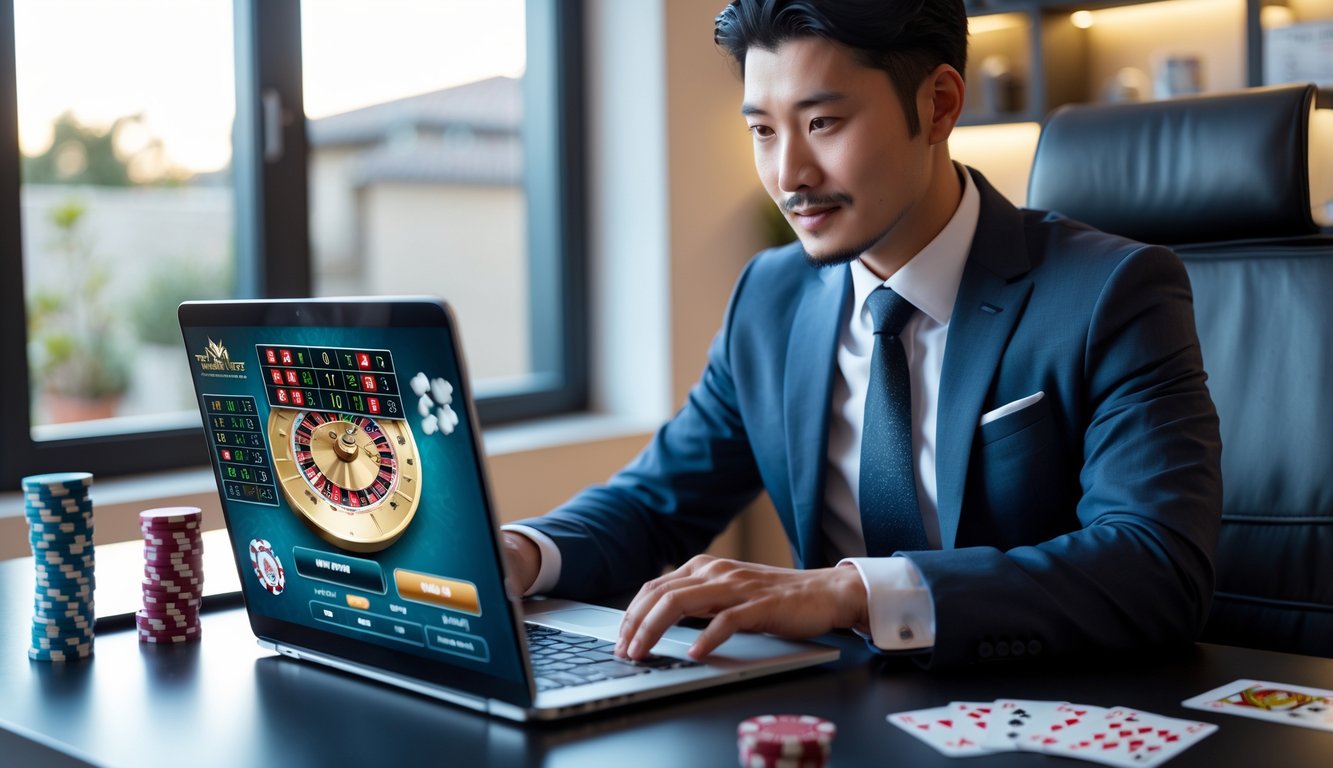 Seorang pria Asia berpakaian rapi duduk di depan laptop dengan tampilan permainan roulette online di layar, di ruang kerja modern yang terang dan rapi.
