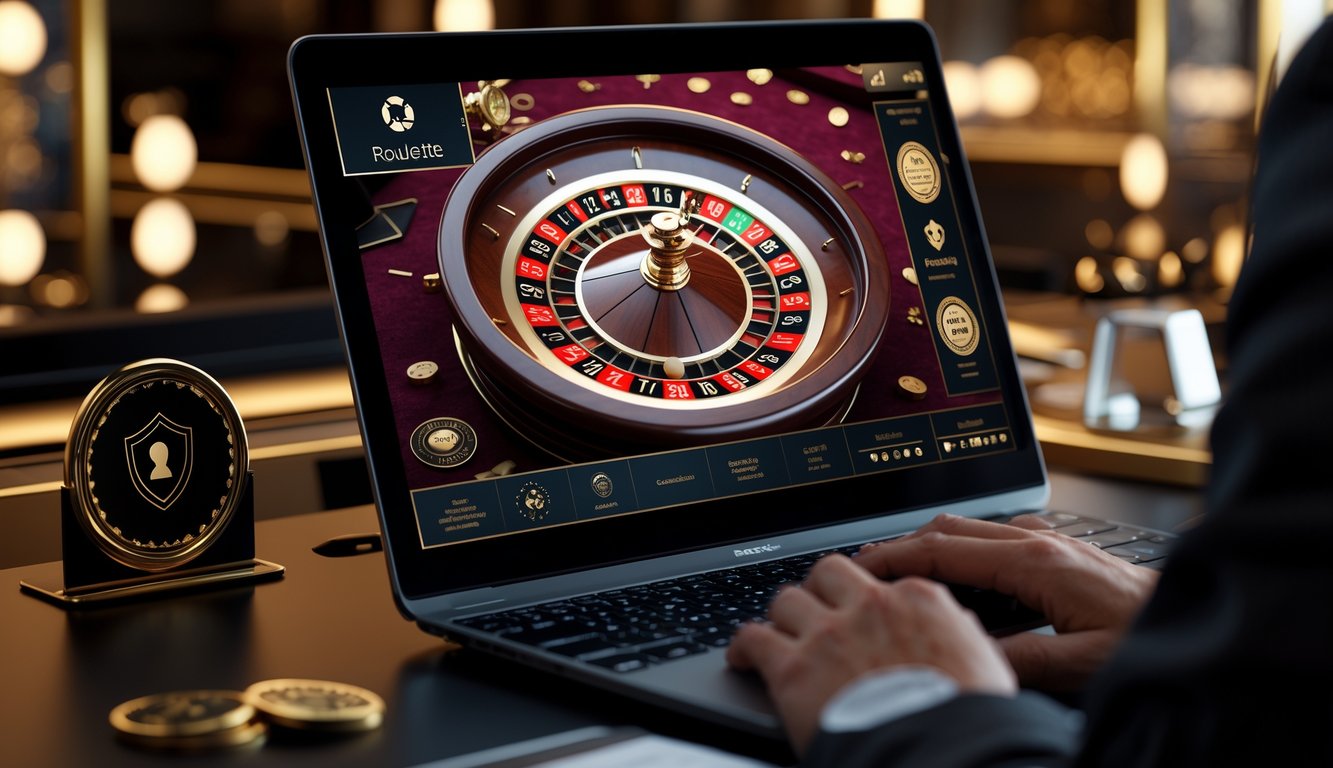 Seseorang menggunakan komputer dengan tampilan permainan roulette online di layar, menunjukkan suasana kasino digital yang aman dan resmi.