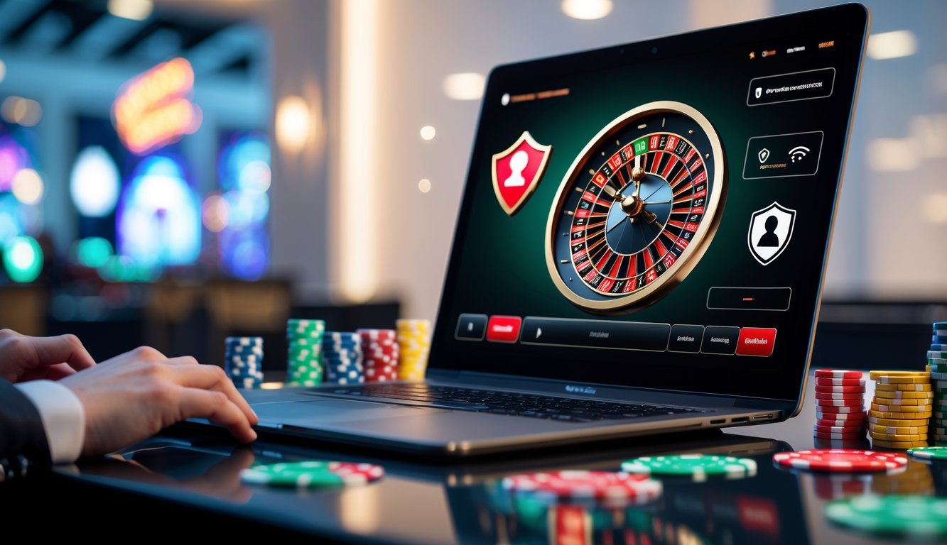 Sebuah layar komputer menampilkan roda roulette digital dengan latar belakang suasana kasino yang aman dan resmi.