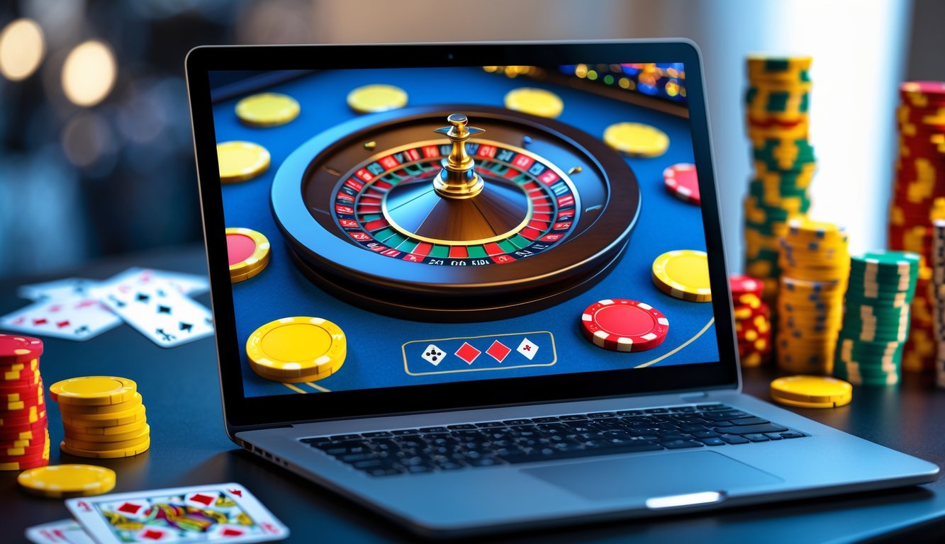 Sebuah layar komputer menampilkan roda roulette Vegas digital dengan chip warna-warni di sekitarnya dalam suasana kasino modern.