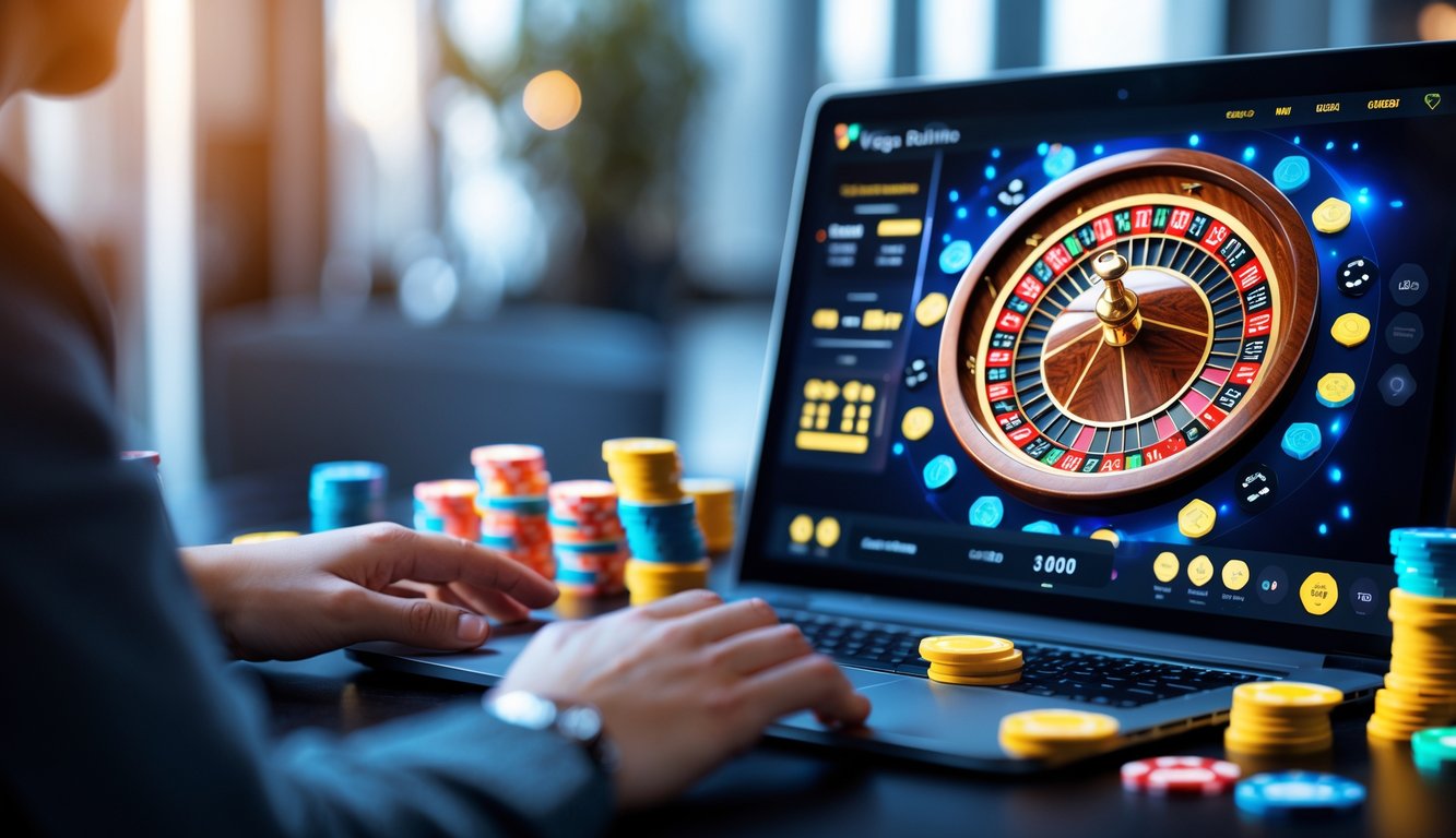 Seseorang bermain roulette Vegas online di depan komputer dengan roda roulette digital dan chip warna-warni.