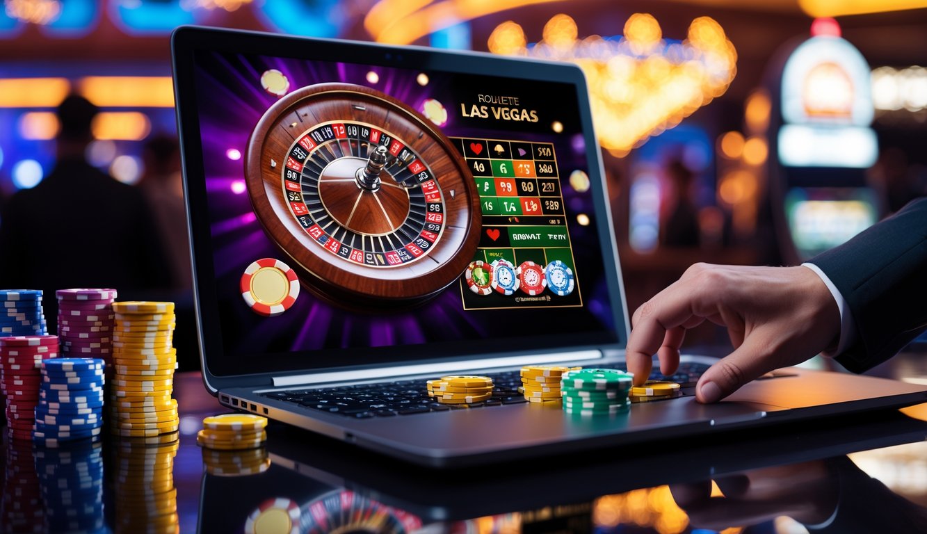 Seseorang bermain roulette online dengan komputer dan chip taruhan di depan latar belakang suasana kasino Las Vegas.