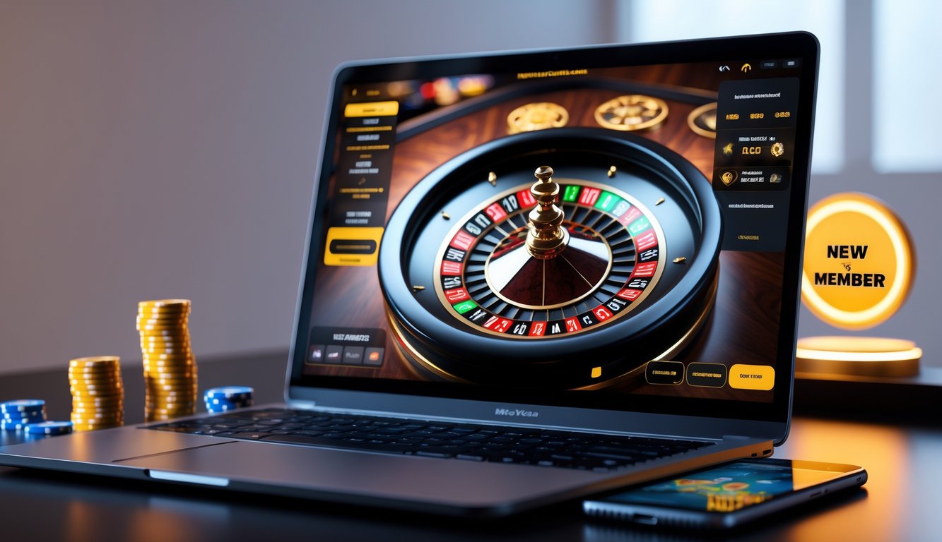 Seorang pengguna sedang bermain roulette online di laptop dengan tampilan roda roulette digital dan chip taruhan di sekitarnya.