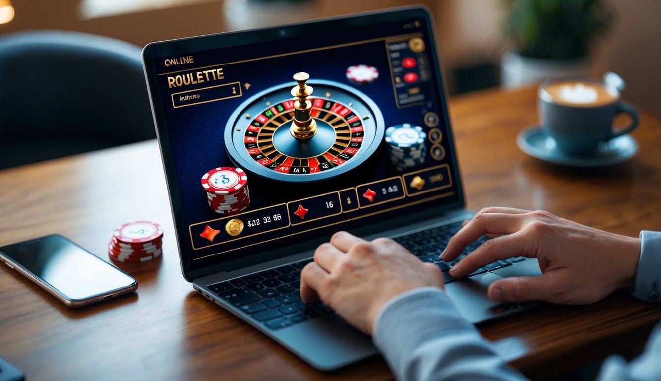 Seorang pengguna bermain roulette online di laptop dengan tumpukan chip taruhan di meja kayu.