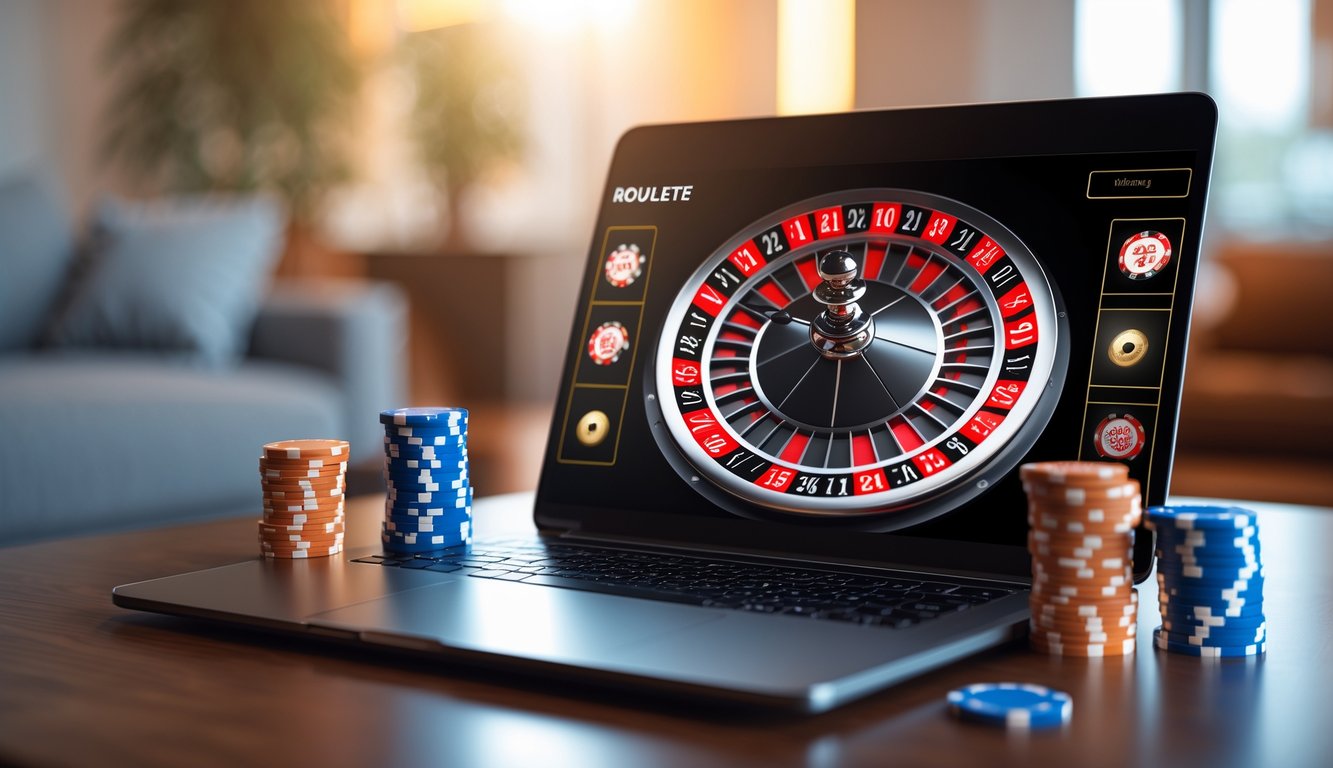 Seseorang menggunakan laptop dengan tampilan roda roulette Vegas online dan chip taruhan di meja, di dalam ruangan yang nyaman.