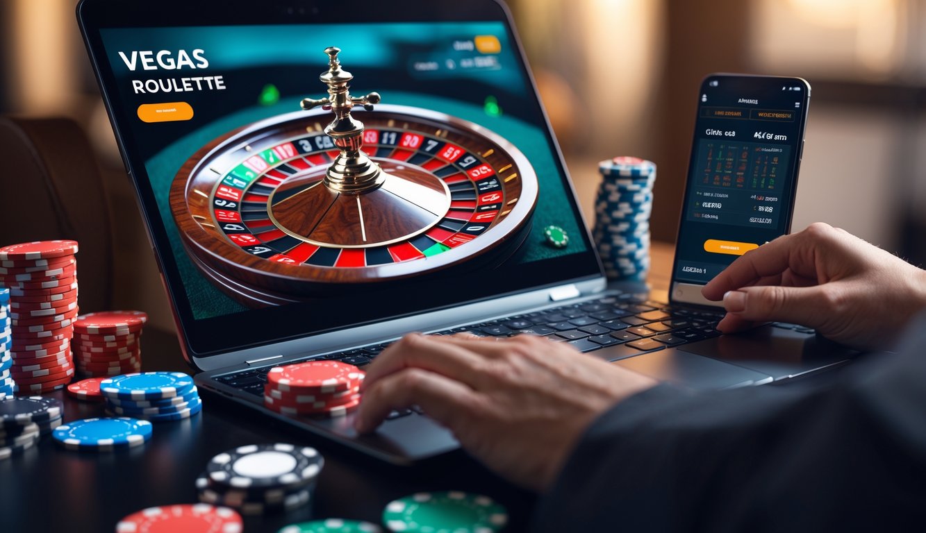 Seseorang menggunakan komputer dengan roda roulette Vegas yang berputar di layar dalam suasana kasino online.