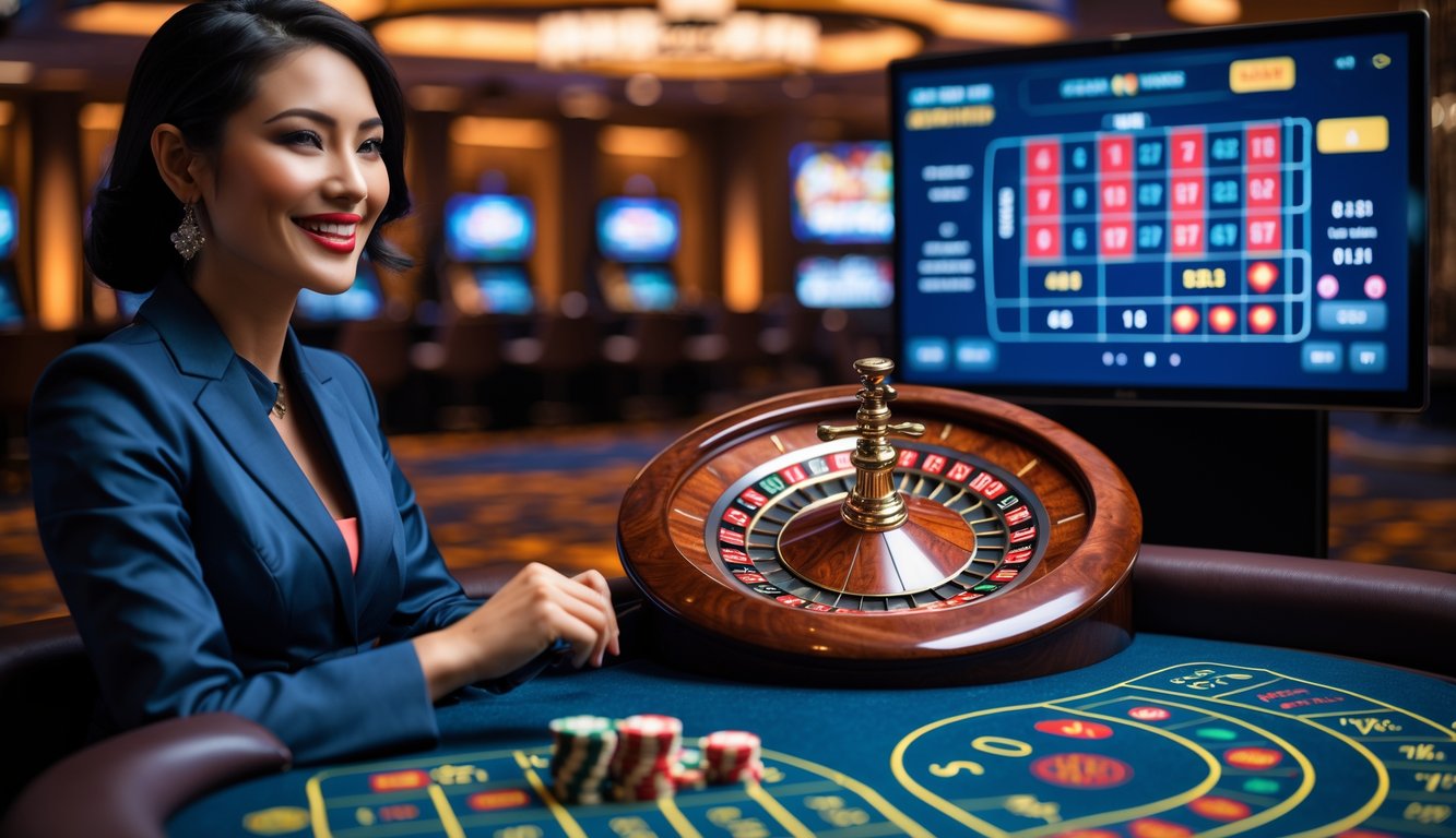 Seorang dealer live yang tersenyum sedang memandu permainan roulette di kasino online dengan roda roulette dan meja permainan yang terlihat jelas.