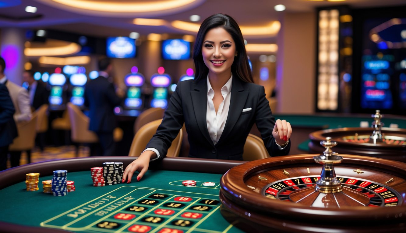 Seorang dealer wanita yang tersenyum di meja roulette dengan roda roulette berputar di kasino modern.