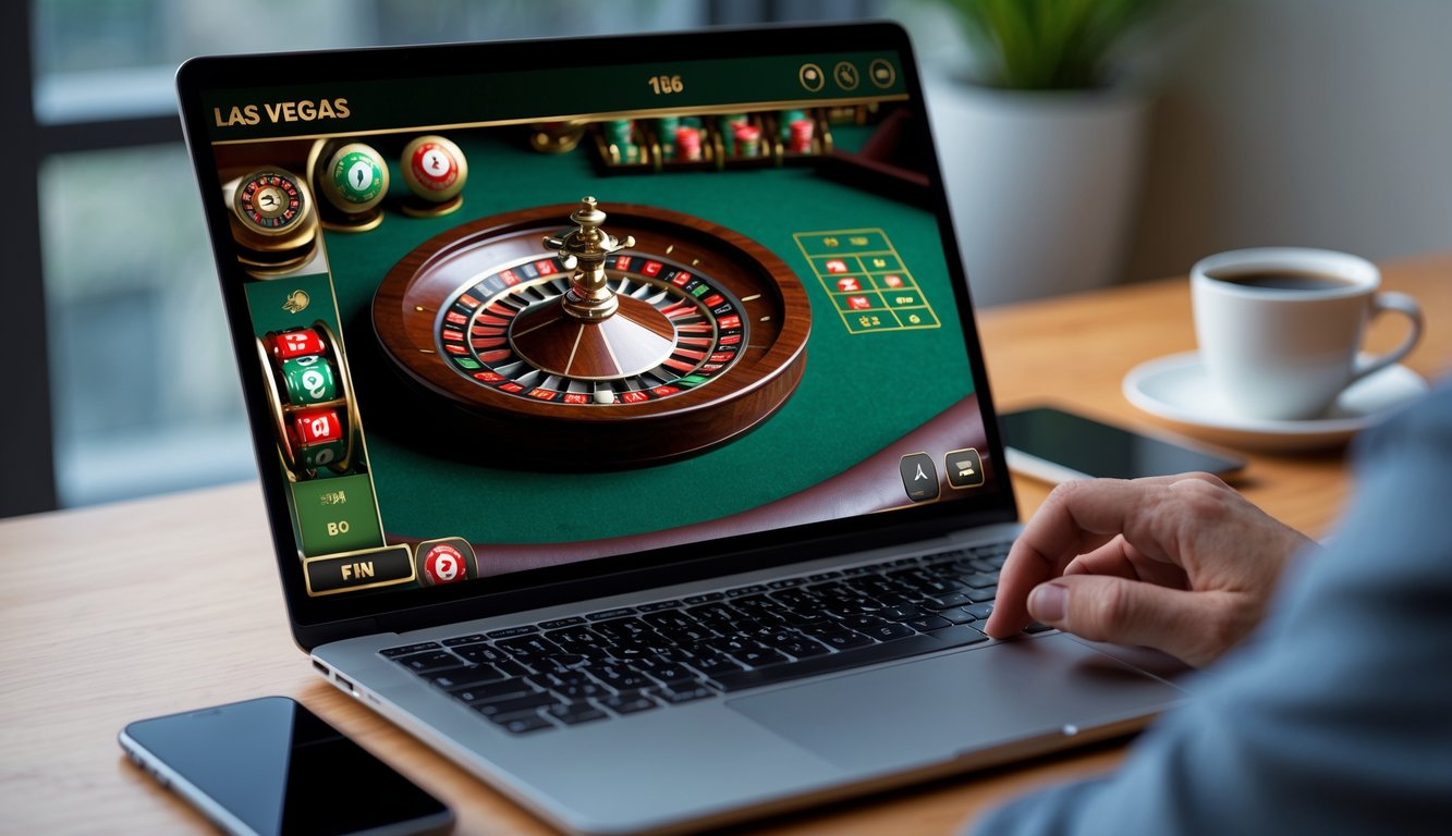 Seorang pengguna bermain roulette online Las Vegas di laptop di atas meja kerja dengan cangkir kopi dan ponsel di sampingnya.