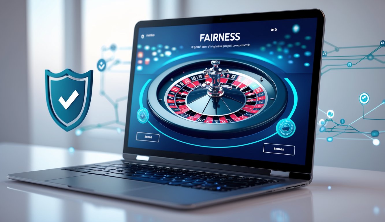 Sebuah layar komputer menampilkan roda roulette digital dengan simbol keamanan dan kepercayaan di sekitarnya.