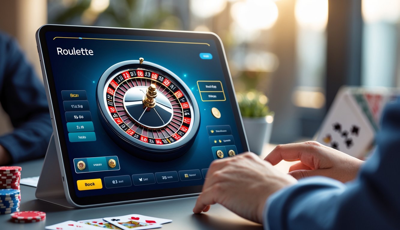 Seorang pengguna sedang bermain roulette online di layar komputer dengan suasana yang tenang dan fokus.