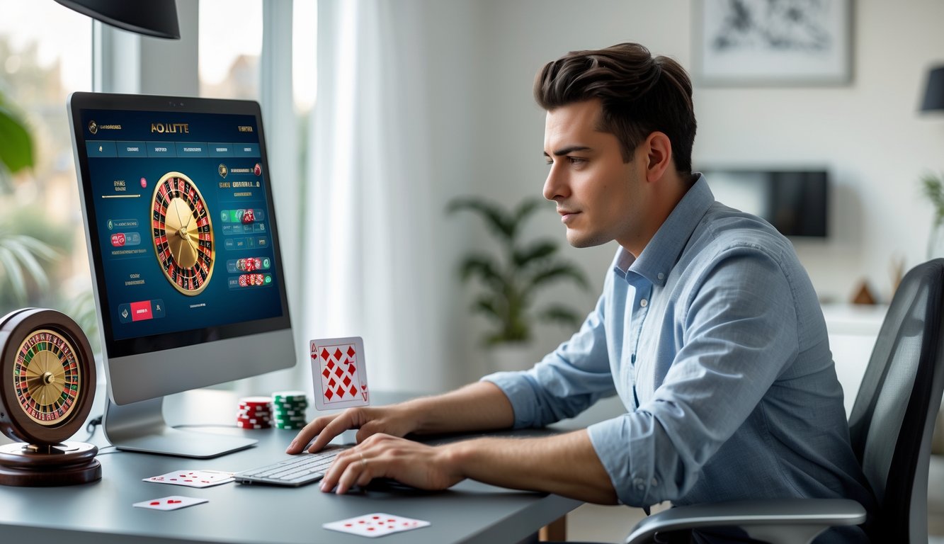 Seorang dewasa muda duduk di meja komputer modern, fokus pada permainan roulette online yang ditampilkan di monitor besar di ruang kerja rumah yang terang dan rapi.