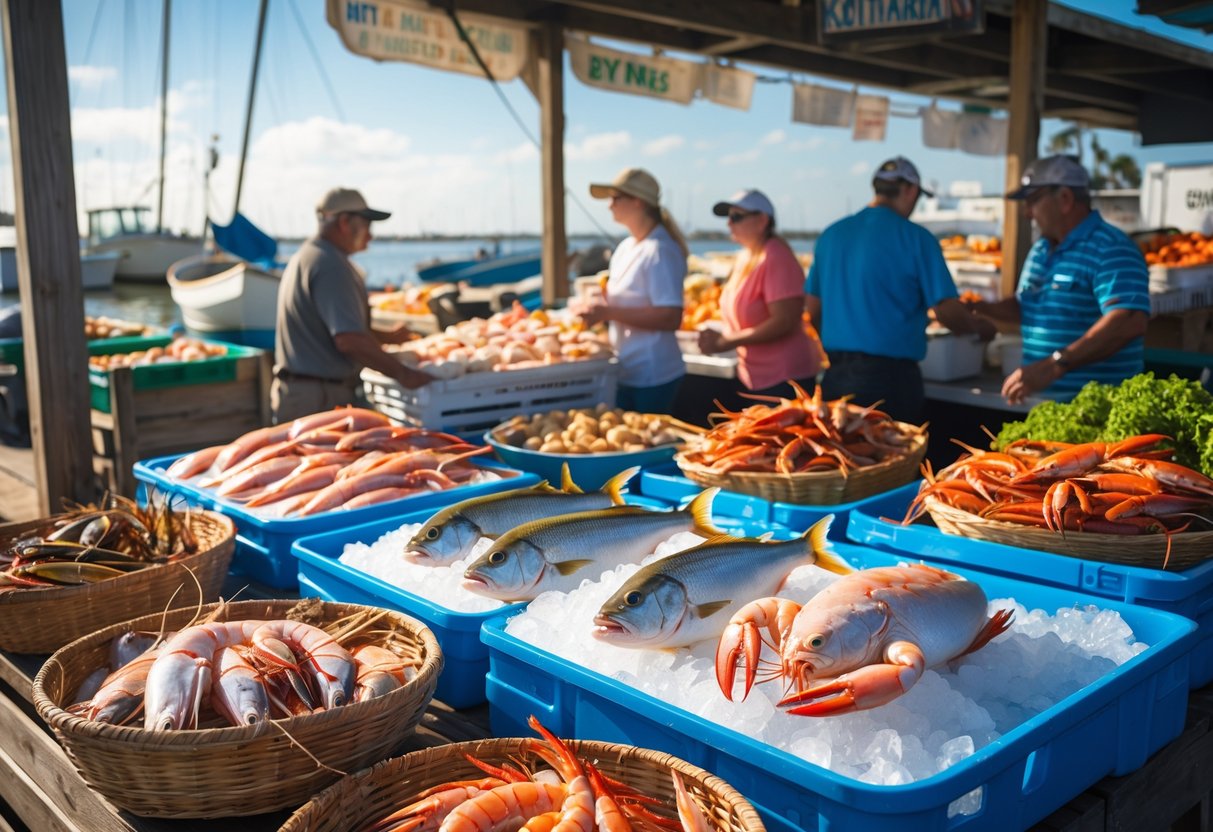 A busy seafood market with fresh fish, shrimp, and crabs on display, vendors and customers interacting, and coastal elements in the background.