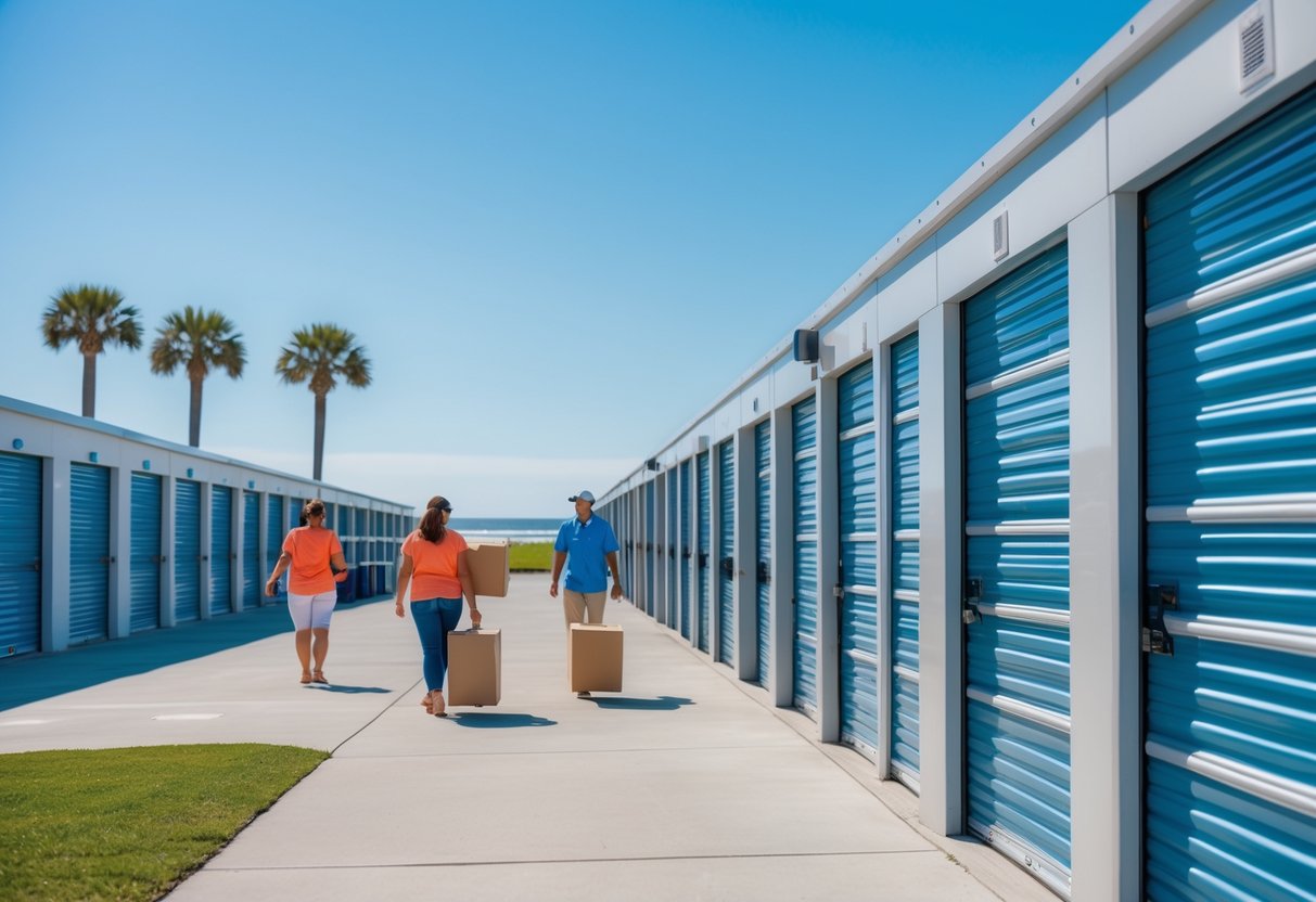 A clean storage facility with rows of storage units near the coast, palm trees, and a clear blue sky.