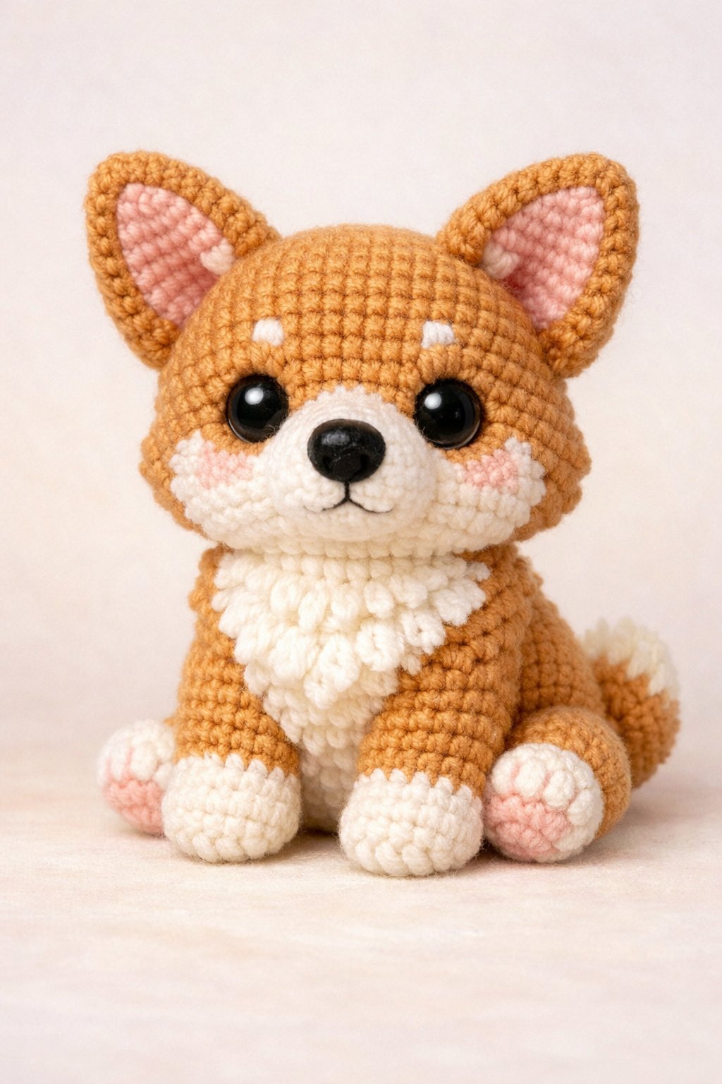 A crocheted corgi dog sitting upright with golden-brown and white yarn, showing detailed stitching and a friendly expression.