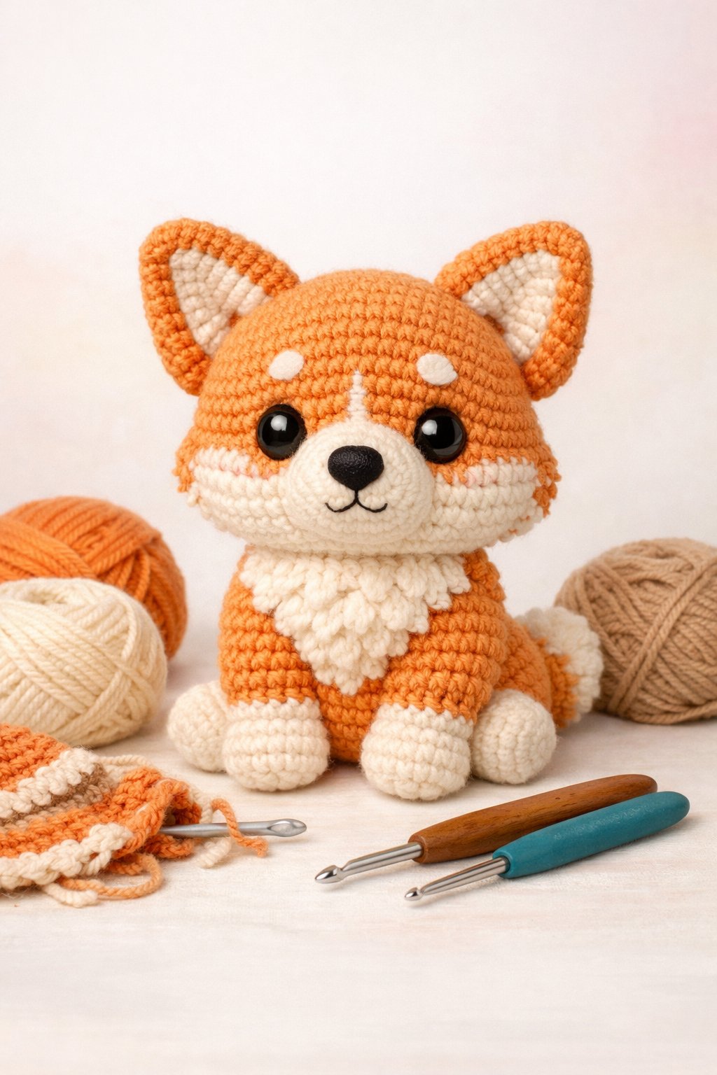 A handmade crocheted corgi doll sitting with yarn and crochet tools around it.