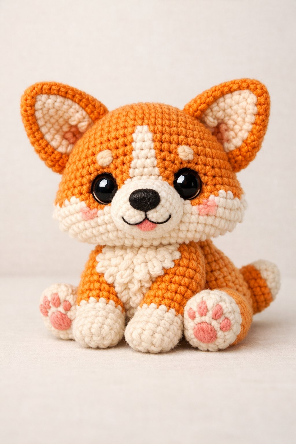 A handmade crocheted corgi puppy sitting with a happy expression.