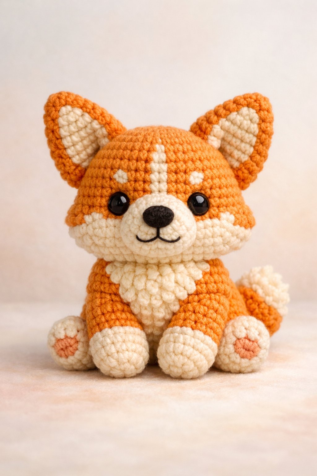 A crocheted corgi dog amigurumi sitting upright with a friendly expression.