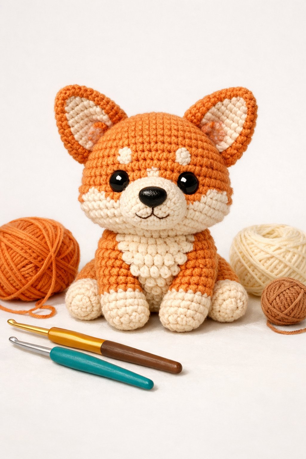 A handcrafted corgi dog amigurumi made from yarn, sitting upright with crochet tools nearby.