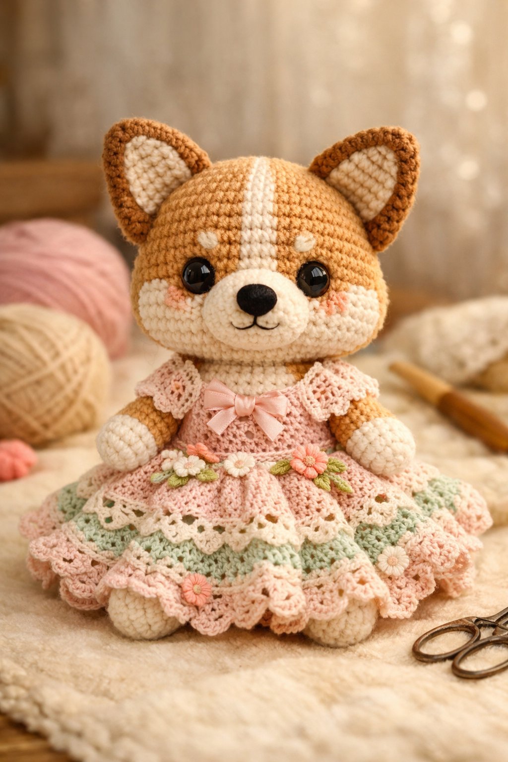 A crocheted corgi doll wearing a removable pastel gown, sitting among yarn and crochet tools.