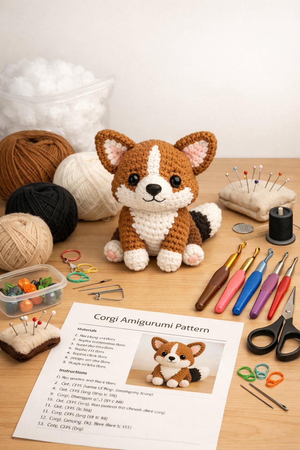 A workspace with yarn, crochet hooks, scissors, stuffing, and a partially completed crocheted corgi amigurumi.