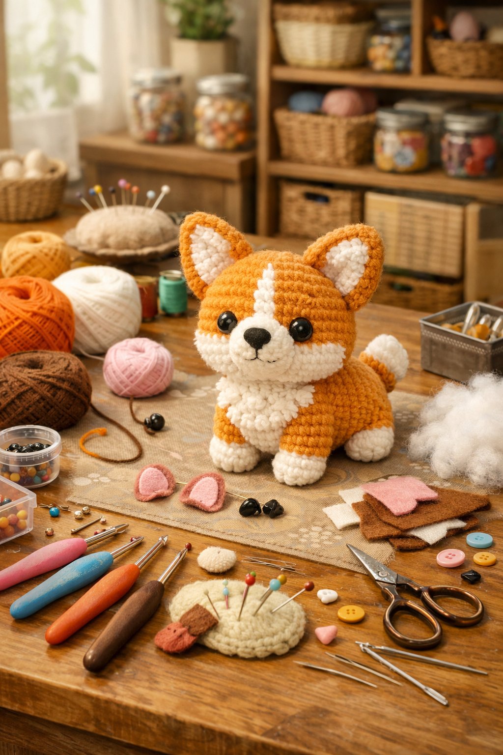 A crafting workspace with a partially completed corgi amigurumi surrounded by yarn, crochet hooks, and sewing tools on a wooden table.