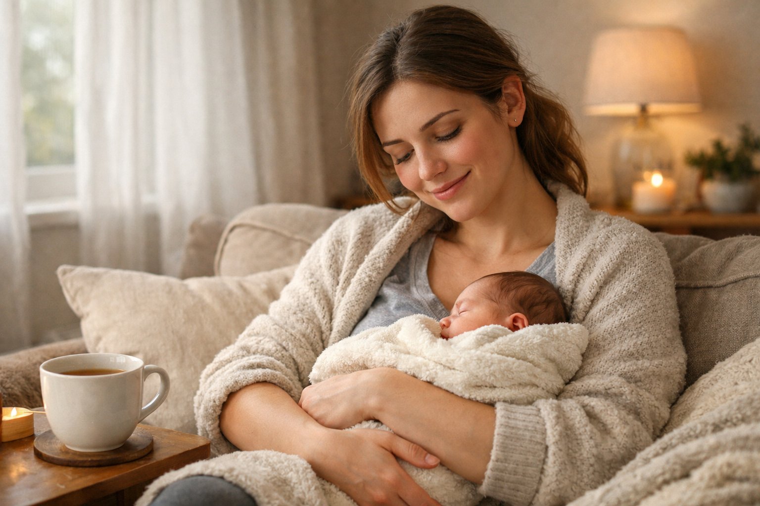 A tired new mother sitting in a cozy living room, holding her newborn baby wrapped in a blanket and smiling gently.