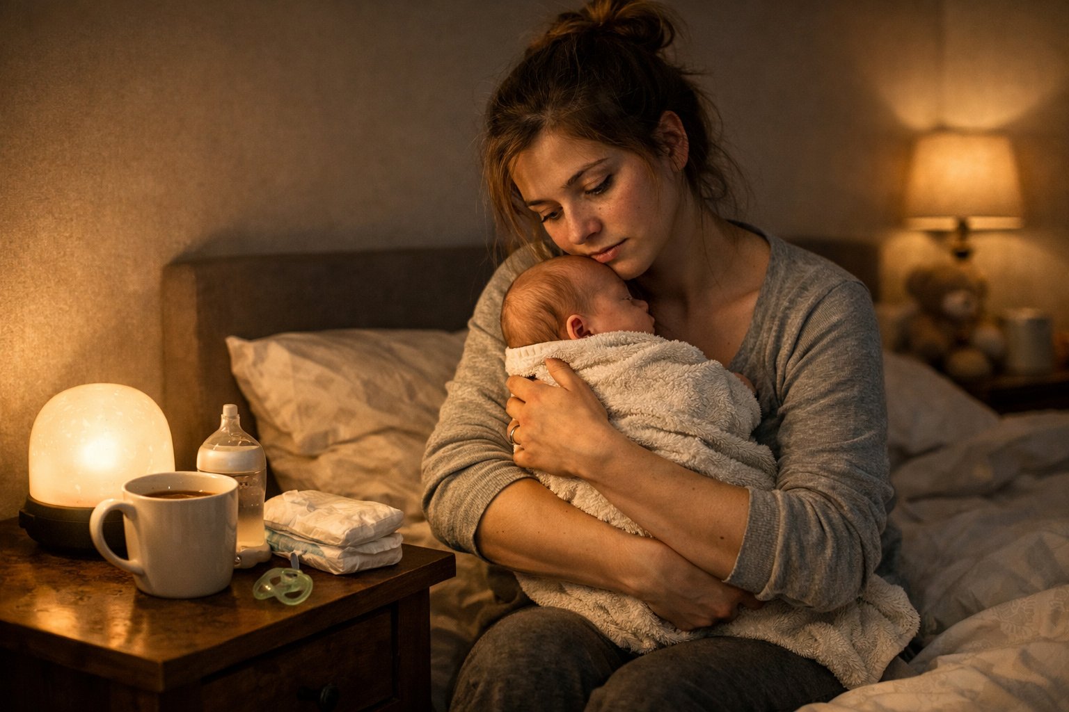 A tired young mother sitting on a bed, gently holding her newborn baby in a softly lit bedroom at night.