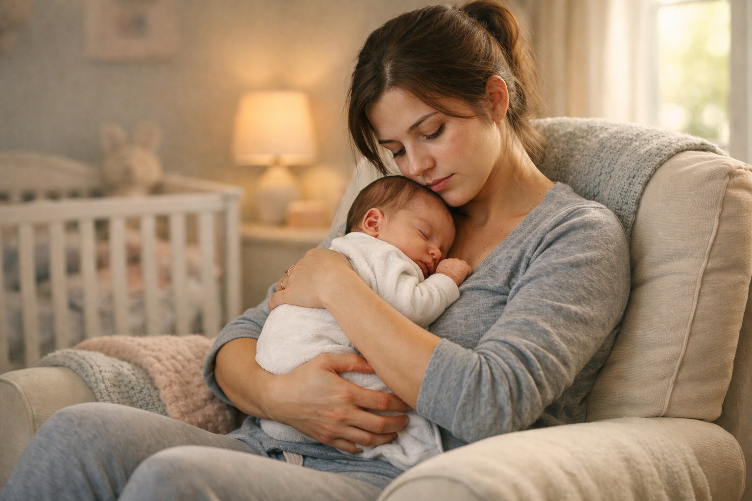 A tired new mother gently holding her newborn baby in a softly lit nursery.