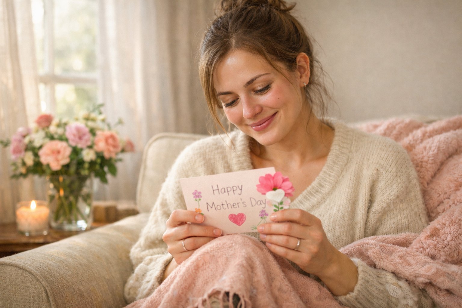 A young mother sitting in a cozy room, holding a small gift and tearfully smiling with gratitude.