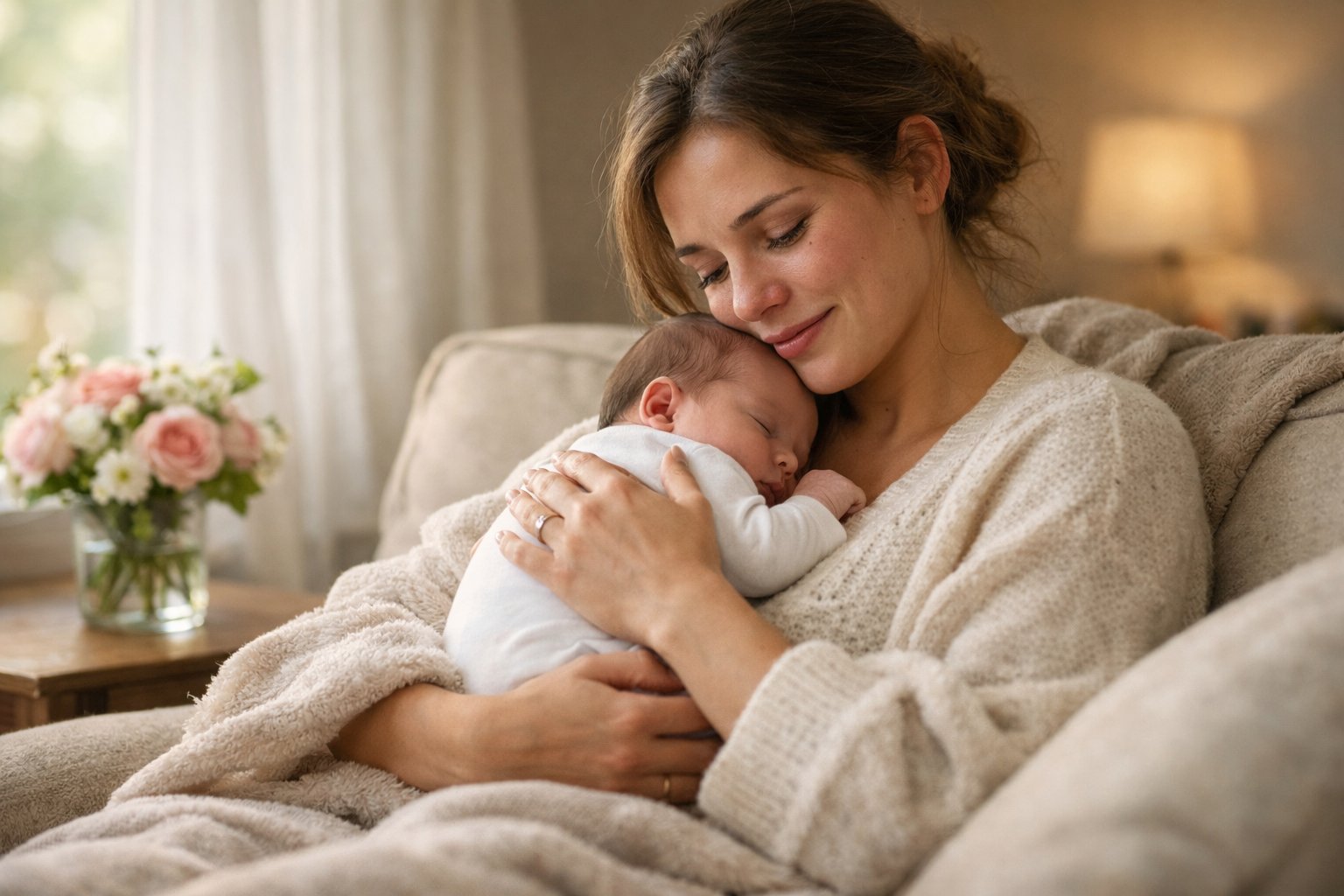 A new mother holding her newborn baby close, sitting in a softly lit room with a gentle, emotional expression and tears in her eyes.