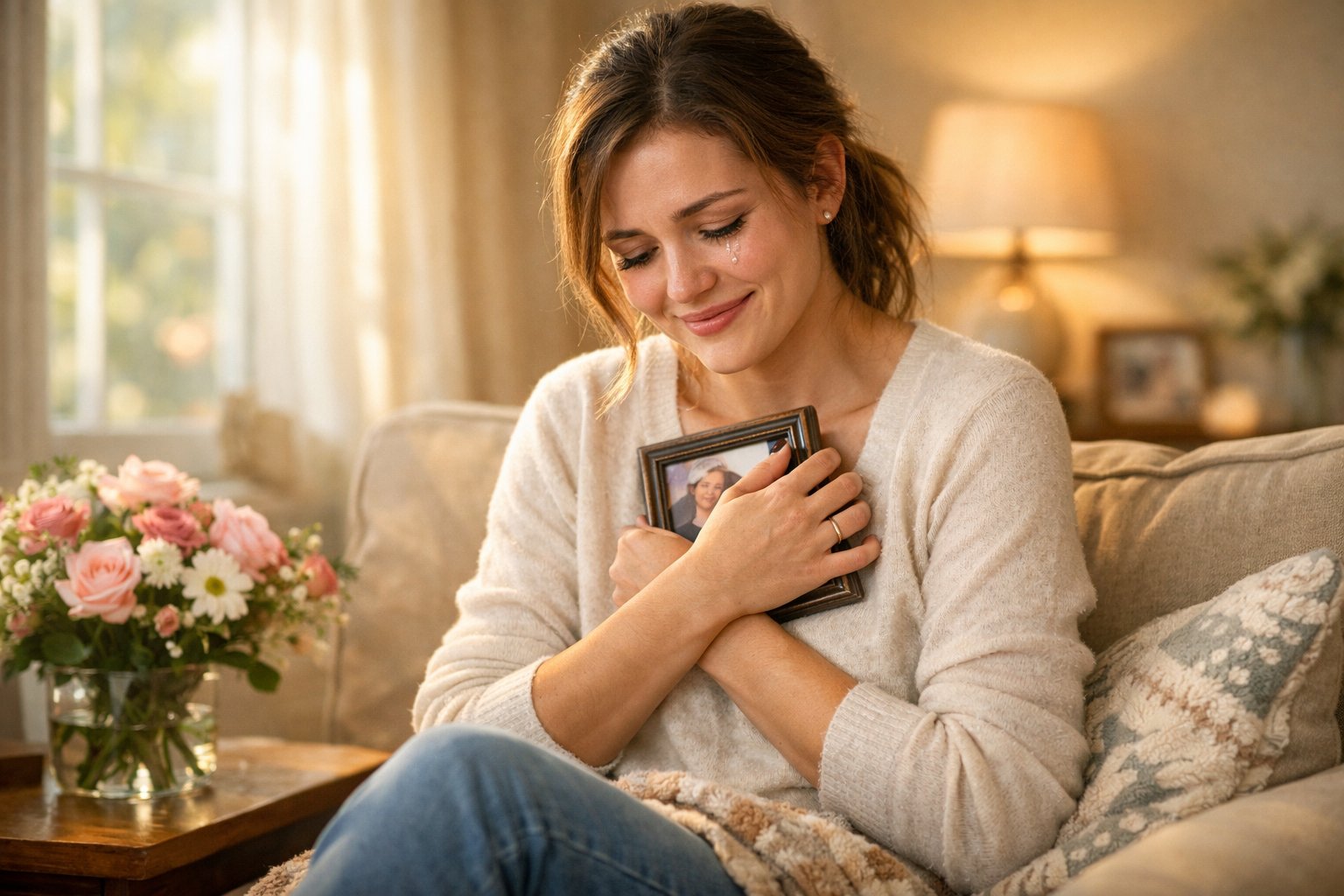 A young mother sitting in a cozy living room, holding a small gift close to her chest with tears of joy in her eyes.
