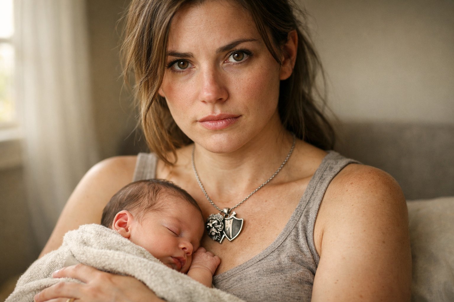 A new mother holding her newborn baby, showing a mix of strength and fear, wearing a meaningful necklace.