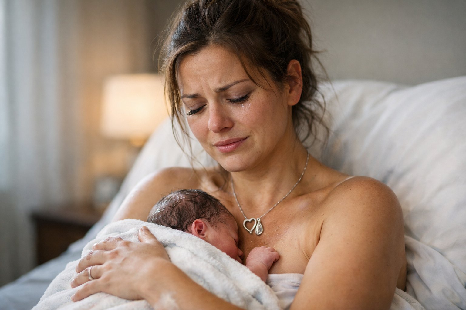 A new mother holding her newborn baby, showing a mix of strength and vulnerability, wearing a meaningful necklace.