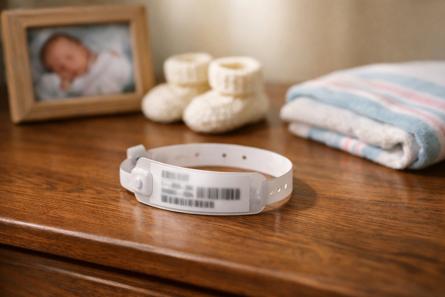 A hospital bracelet resting on a wooden dresser surrounded by baby keepsakes including a photo, booties, and a blanket.