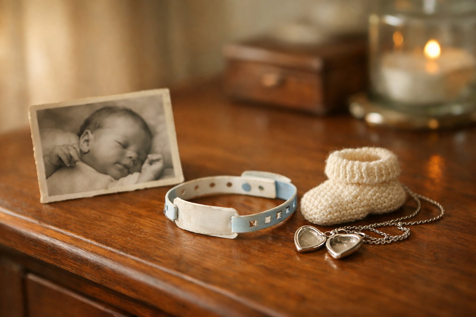 A hospital bracelet resting on a wooden dresser next to a baby photo, a silver locket, and a small knitted baby sock.