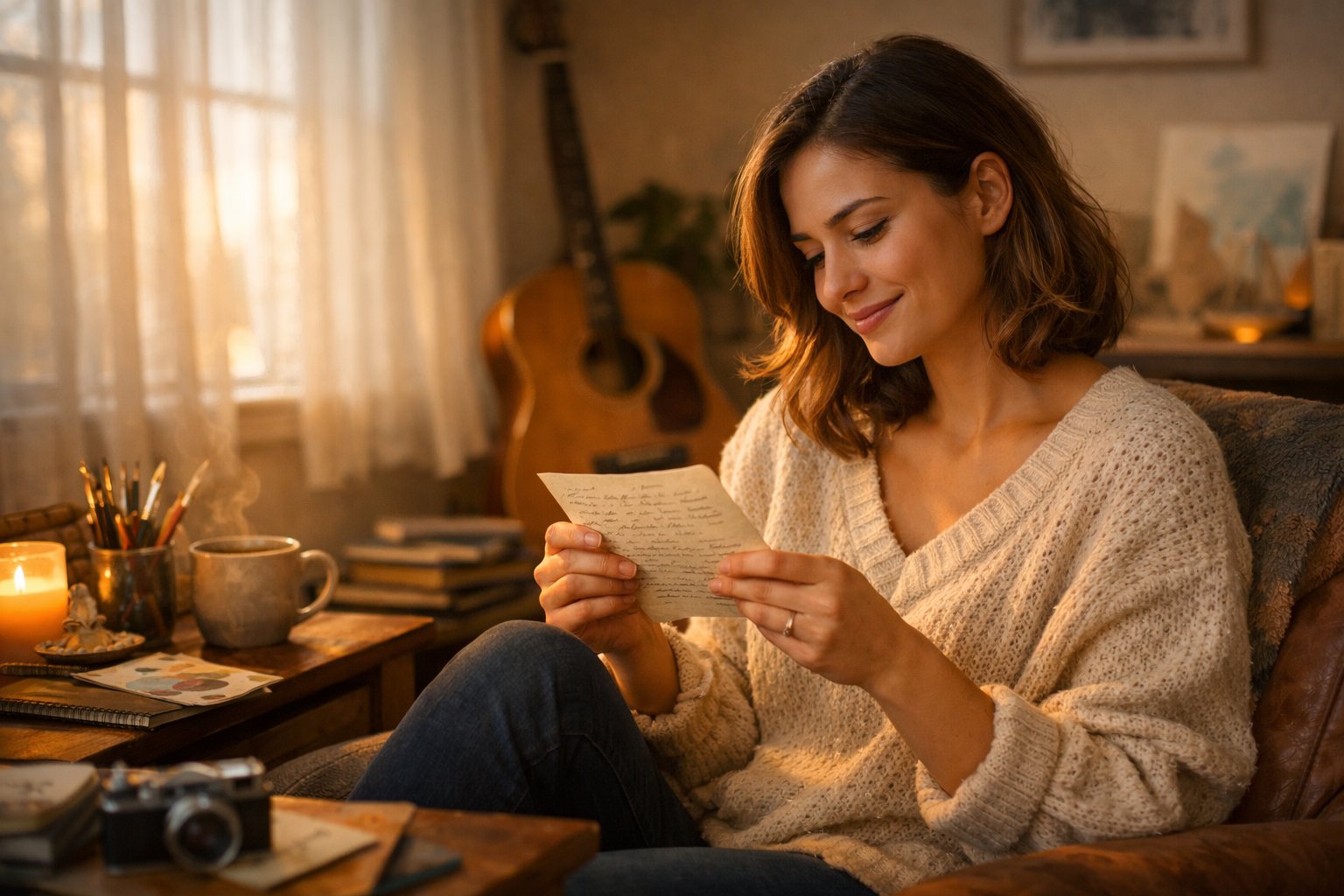 A woman sitting in a cozy living room holding a meaningful gift with a gentle smile, surrounded by personal items that reflect her identity.