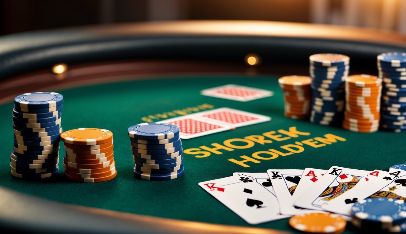 Meja poker dengan kartu dan tumpukan chip yang menunjukkan permainan Short Deck Hold’em.