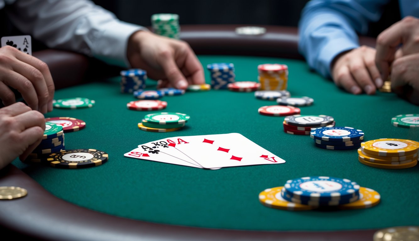 Meja poker dengan kartu dan tumpukan chip yang tersusun rapi, memperlihatkan permainan 6+ Hold’em.