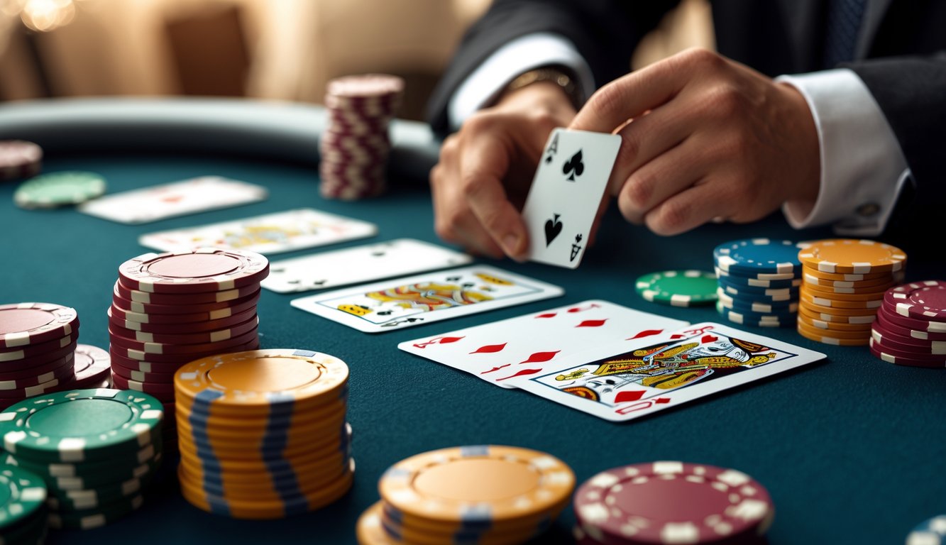 Meja poker dengan kartu short deck dan tumpukan chip, tangan dealer sedang membagikan kartu.