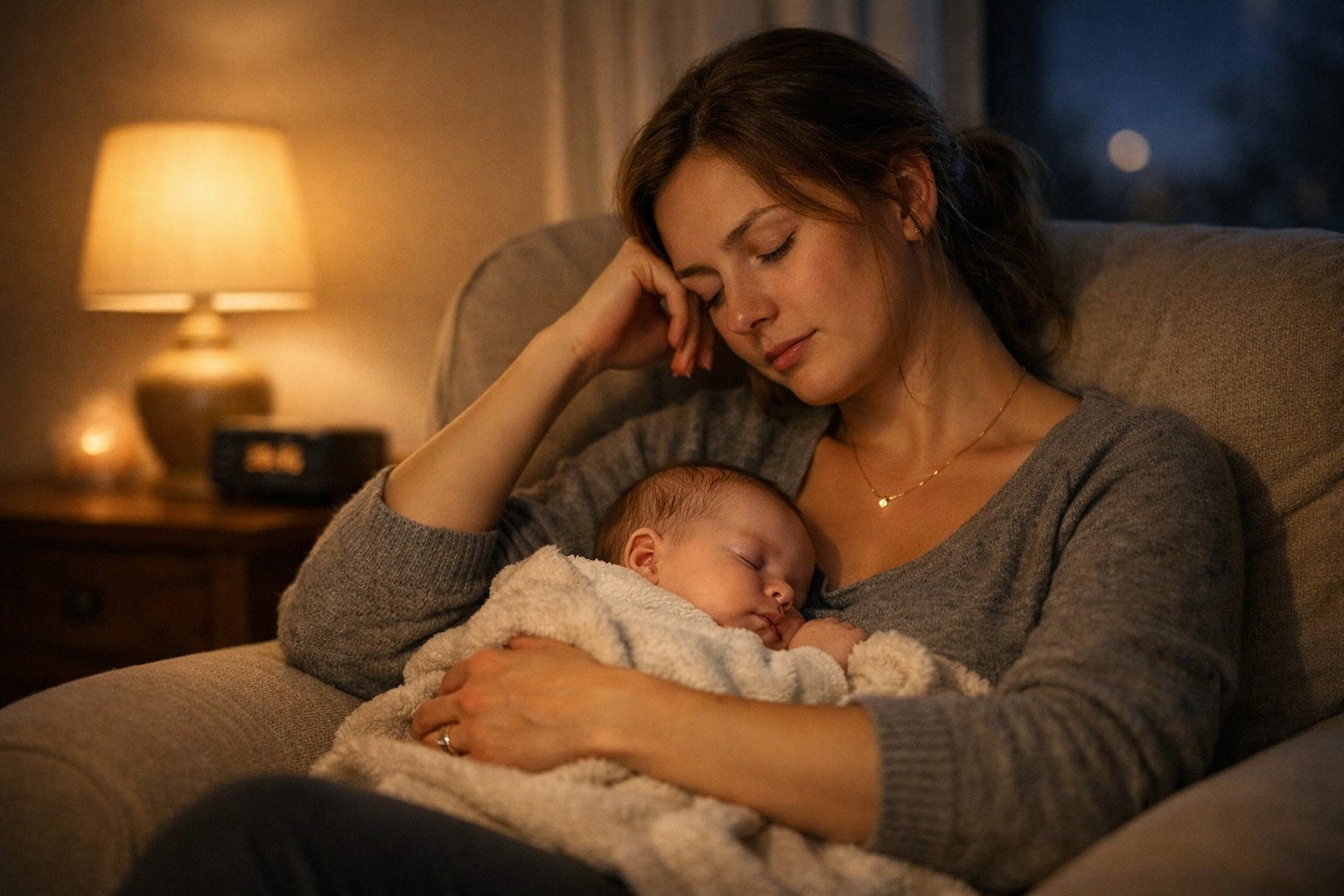 A tired mother sitting in a chair gently rocking her sleeping baby in a softly lit bedroom at night.